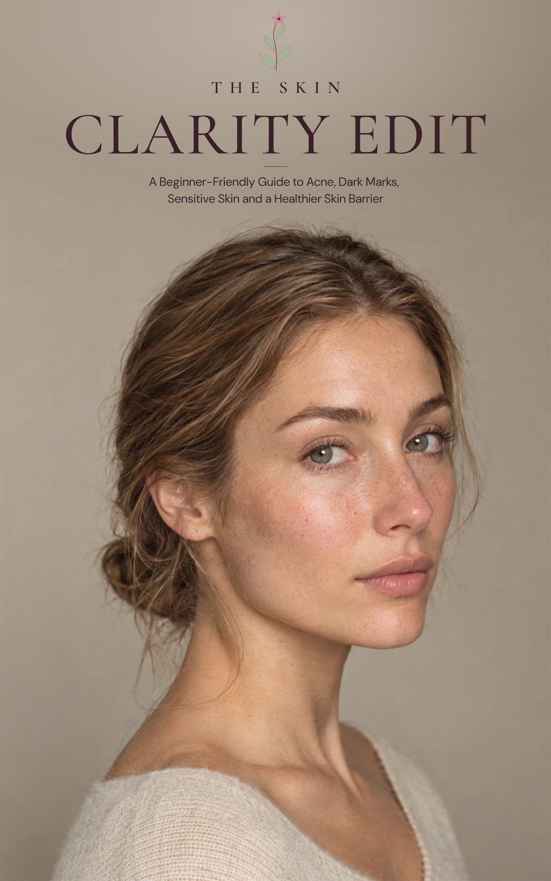 Cover of The Skin Clarity Edit: a natural-skin portrait of a woman beneath the flower emblem, title and subtitle.
